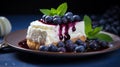 Piece of cheesecake with black currant and blueberry sauce on wooden table. Generative AI