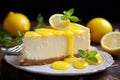 Piece of a cheesecake topped with a lemon glaze and fresh lemon slice on ornate white plate against dark wooden background