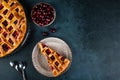 Piece of Cherry Pie with a Flaky Crust on dark background. Top view. American pie. Cherry dessert. Flatlay. Cherry