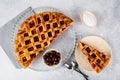 Piece of Cherry Pie with a Flaky Crust on light background. Top view. American pie. Cherry dessert. Flatlay. Cherry