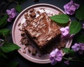 a piece of chocolate brownie on a plate with purple flowers