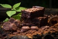 a piece of chocolate brownie is sitting on top of dirt