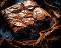 a piece of chocolate brownie is sitting on top of a piece of brown paper