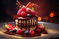 Piece of chocolate cake with berries and chocolate glaze on dark background, Indulge in the dessert\'s exquisite details