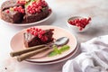 A piece of chocolate cake brownie decorated with red currant berries and mint on white marble table Royalty Free Stock Photo