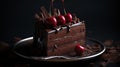 Piece of chocolate cake cherry top on dark plate, muffled light, close up, very detailed. Generative AI