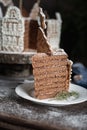 A piece of chocolate cake close-up, decorated with gingerbread, in the form of houses decorated with white icing.