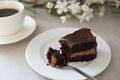 A piece of chocolate cake and coffee
