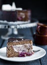 Piece of chocolate cake with cream and cherry, birthday Royalty Free Stock Photo