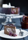 Piece of chocolate cake with cream and cherry, celebration Royalty Free Stock Photo