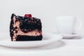 Piece of chocolate cake with cream and cherry Royalty Free Stock Photo