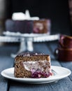 Piece of chocolate cake with cream and cherry on white plate Royalty Free Stock Photo