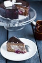 Piece of chocolate cake with cream and cherry on white plate Royalty Free Stock Photo