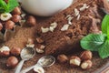 Piece of chocolate cake, mint leaves, hazelnuts and jar with milk Royalty Free Stock Photo