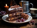 A piece of chocolate cake on a plate with grapes.