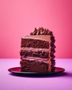a piece of chocolate cake on a plate on a pink background
