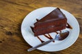 Piece of chocolate cake with spoon on white plate