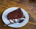 Piece of chocolate cake with spoon on white plate