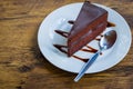 Piece of chocolate cake with spoon on white plate