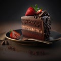 Piece of chocolate cake with strawberries on the table close-up Royalty Free Stock Photo