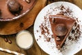 Piece of chocolate cake, top view, selective focus