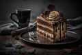Piece of chocolate cake with whipped cream and cup of coffee on wooden table Royalty Free Stock Photo
