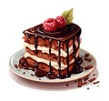 A piece of chocolate dessert with cream and berries. Traditional German Black Forest cake