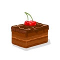 Piece of chocolate glazed layered gateau, fancy cake with buttercream garnished by cherries.