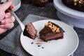 Piece of Chocolate Hazelnut Mousse Cake on a Fork Royalty Free Stock Photo