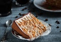 A piece of chocolate-pecan pie on a plate. Loose cake texture. Close-up. Dark photo Royalty Free Stock Photo