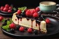 Piece of classic cheesecake dessert with with juicy red berries on stylish black plate with mint leaves, on blurred wooden table.
