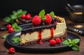 Piece of classic cheesecake dessert with juicy red berries on stylish black plate with mint leaves, on blurred wooden table.
