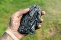 Piece of coal in a miner's dirty hand. Energy and fuel industry Royalty Free Stock Photo