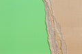 Piece of corrugated cardboard with torn paper edge on green background Royalty Free Stock Photo