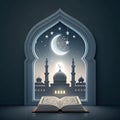 Mosque, open book, holy text, night view, arched window Royalty Free Stock Photo