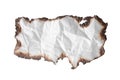 Piece of crumpled paper with dark burnt borders on white background, top view. Space for text