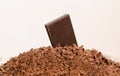 Piece of dark chocolate on heap of grated chocolate