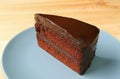 Piece of Delectable Chocolate Layer Cake Served on Blue Plate