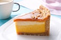 Piece of delicious cake with caramel on table Royalty Free Stock Photo