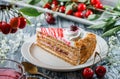 Piece of delicious cake with cream and jam from cherry on the plate over grey background with fresh cherries on branch. Sweets,
