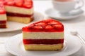 Piece of delicious cheesecake with strawberry mousse, strawberry jelly and strawberries.