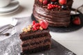 Piece of delicious chocolate cake with berries on slate plate Royalty Free Stock Photo