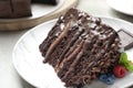 Piece of delicious chocolate cake decorated with fresh berries on white table Royalty Free Stock Photo