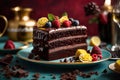 A piece of delicious chocolate cake decorated with raspberries and blueberries Royalty Free Stock Photo