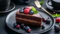 A piece of delicious chocolate sponge cake with berries and coffee on a black table, closed Royalty Free Stock Photo