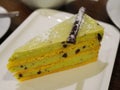 Piece of delicious diet banana and pistachio cake beautifully served in the restaurant. close-up, variable focus