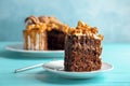 Piece of delicious homemade cake with caramel sauce