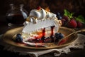 piece of delicious meringue cake with fruit syrup on plate