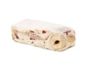 Piece of delicious nougat on white background