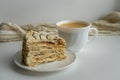 Piece of delicious sweet cake on white plate on light background Royalty Free Stock Photo